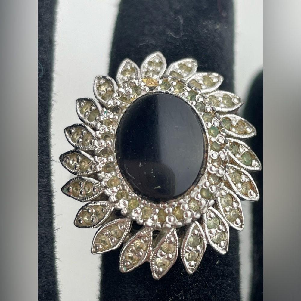 Vintage Panetta Sterling Rhinestone and Glass Onyx Ring Sz 5-1/2